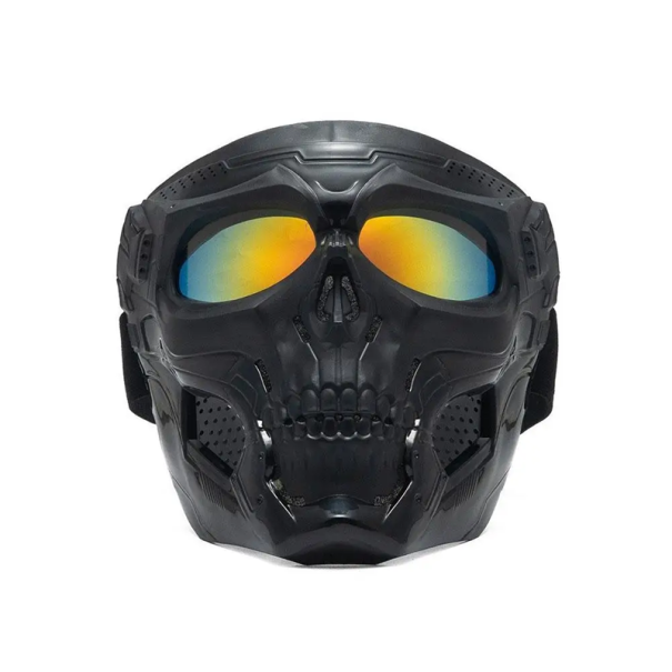 Máscara de motocicleta com vidros coloridos 18 x 18,5 cm Máscara de proteção preta para capacete com crânio Material ABS Óculos com filtro UV Lentes de PC 1