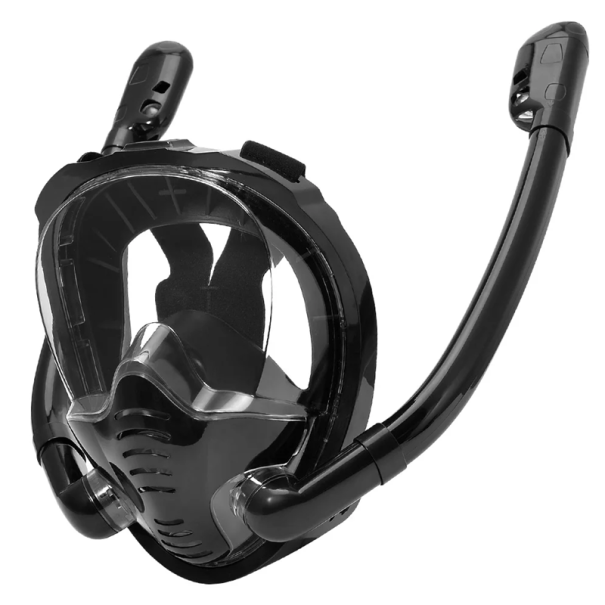 Máscara de snorkel de rosto inteiro S/M com 2 snorkels, suporte para câmara de ação, tampões para os ouvidos e válvula de ar com bola preto