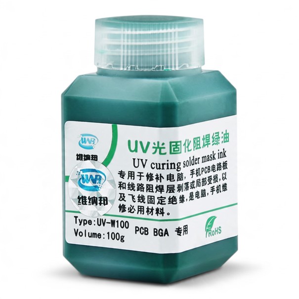 Maschera UV non saldante UV-W100 100 g Vernice verde per circuiti stampati Flacone 7,3 x 4 cm Indurimento con luce UV Per riparazioni di schede PCB 1