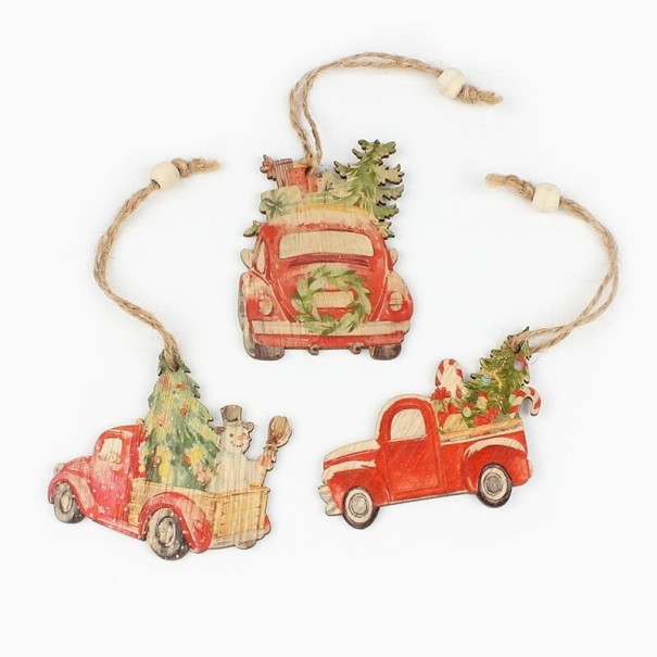Mașină de jucărie ornament de Crăciun din lemn 3 buc 6