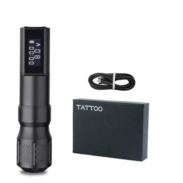 Mașină de tatuat fără fir cu alimentare și cablu cu interfață RCA Pix de tatuaj profesional cu afișaj LCD Pix de tatuaj fără fir cu mâner anti-alunecare și capacitate baterie de 1800 mAh pentru începători și profesioniști 14,2 x 3,4 cm 1