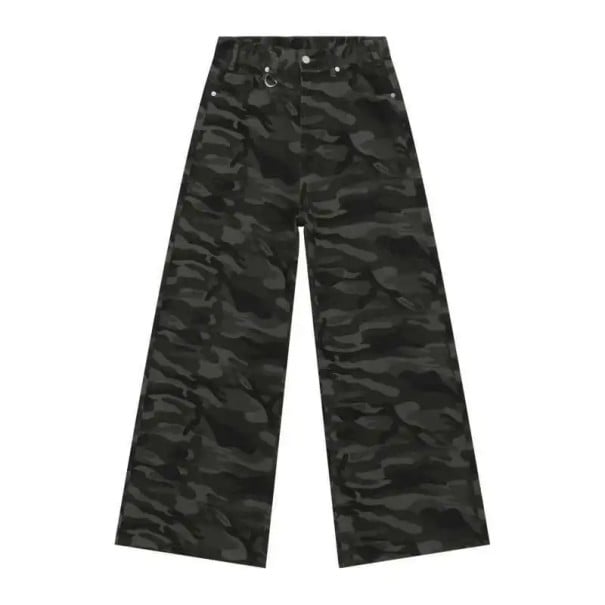 Maskáčové rovné pánske džínsy s kovovým krúžkom Široké dlhé nohavice Streetwear nohavice Army štýl Ležérne pánske jeansy čierna S
