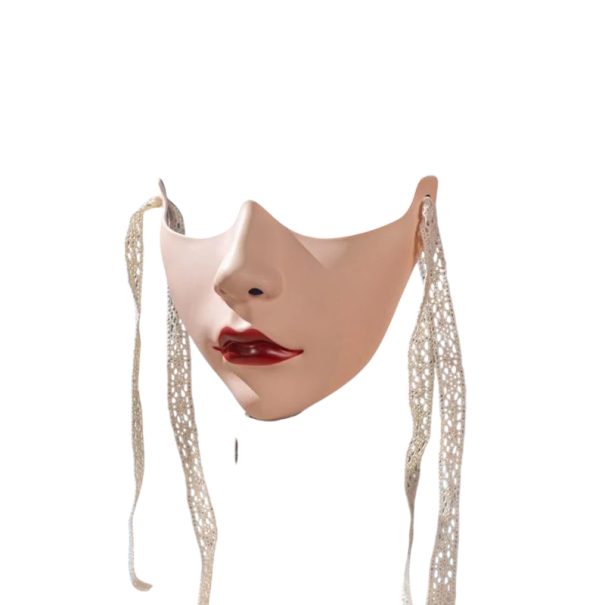 Masque facial mécanique demi-visage avec rouge à lèvres prononcé Masque de cosplay pour carnaval Halloween Différentes couleurs Accessoire beige