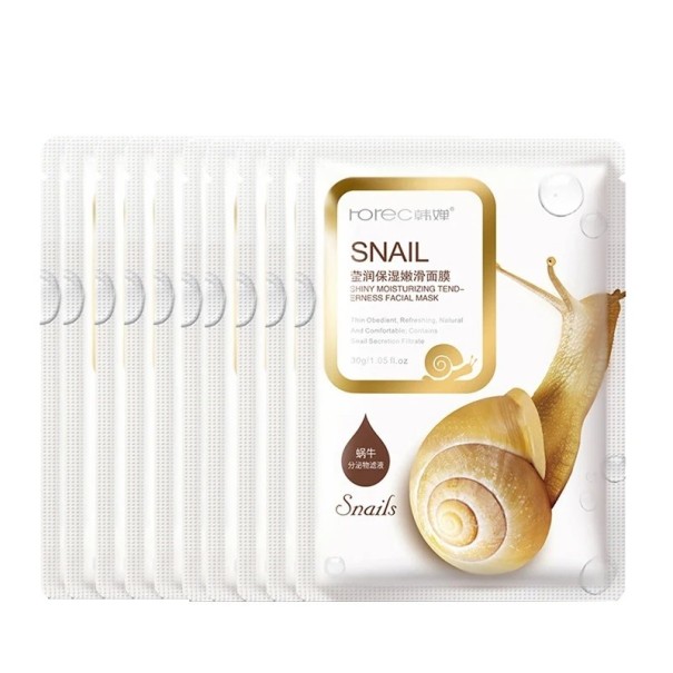 Masque hydratant pour le visage avec extrait d'escargot Masque éclaircissant avec mucus d'escargot adoucissant la peau Masque régénérant pour le visage avec sécrétion d'escargot et antioxydants 30 g 10 pcs 1