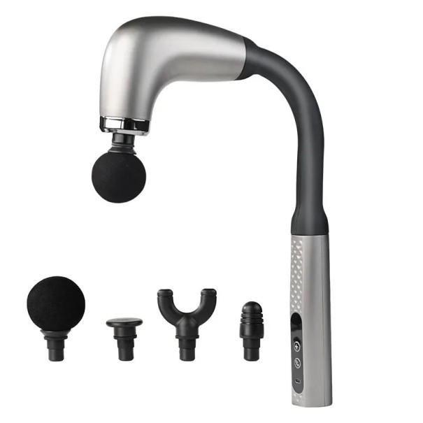 Massagepistole mit langem Griff, 6 Geschwindigkeitsstufen, 4 Massageköpfe, USB-Ladung, leiser Betrieb für effektive Spannungsreduktion grau