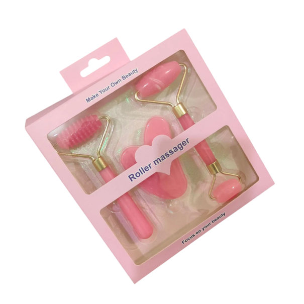 Massageset voor gezicht en lichaam 3 stuks Houten roller met ribbels Glad dubbelhoofdige roller Gua sha schraper Massagehulpmiddel roze