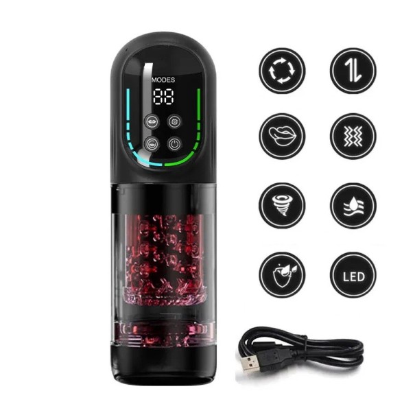 Masturbador con rotación, succión, lamido, vibración y movimiento, pantalla LED, resistente al agua, carga USB, embalaje discreto. negro