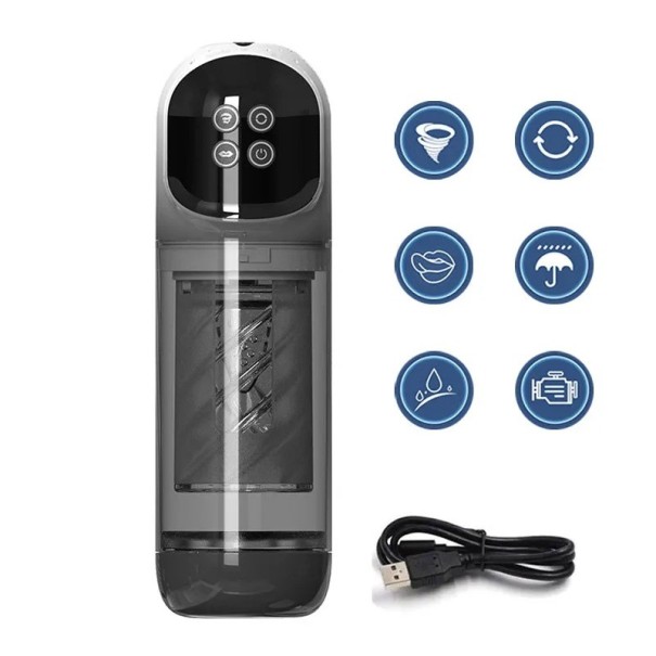 Masturbateur avec rotation, aspiration, léchage, vibrations et mouvement, écran LED, étanche, chargement USB, emballage discret gris