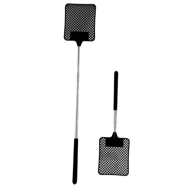 Matamoscas retráctil negro de 27 cm, creativo matamoscas de plástico con mango de acero inoxidable, herramienta repelente de insectos. 1