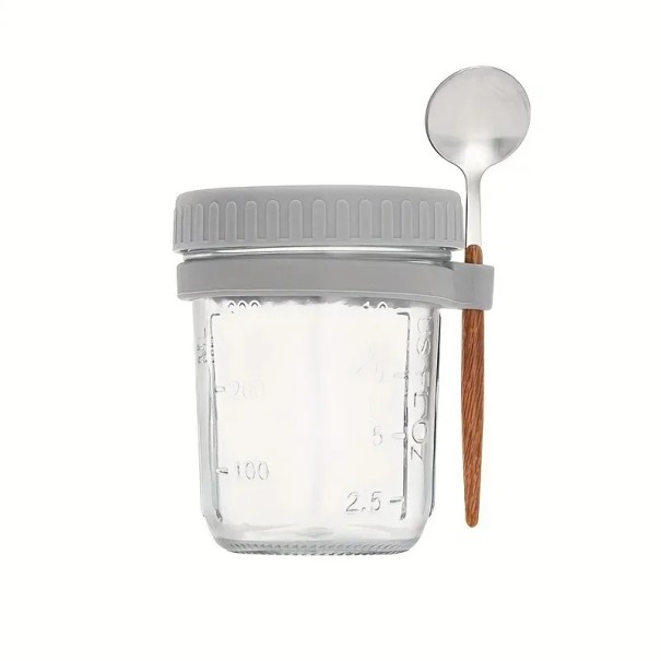 Matburk i glas 350 ml med lock och sked 12 x 9 cm Förslutbar snacksbehållare Müsliburk Yoghurt till jobbet Skollunch grå