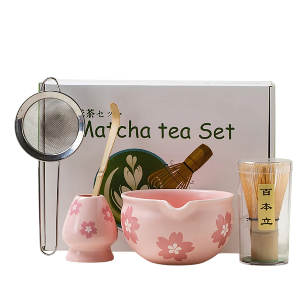 Matcha náčiní 5 dílů Miska Chawan s motivem sakury a výlevkou Metla z bambusu i naběračka Sítko a stojánek Japonský čajový obřad 1