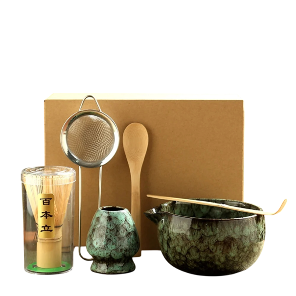 Matcha sada 6 kusů Azurová keramická miska s výlevkou Metlička v tubě a sítko Držák Dřevěná lžíce i bambusová lžička Na japonský čaj 1