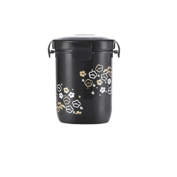 Matkakeittosäiliö 350 ml Muovinen säiliö klipsikannella ruokaa varten Musta kukkakuosilla Mitat 10,5 x 6,4 cm 1