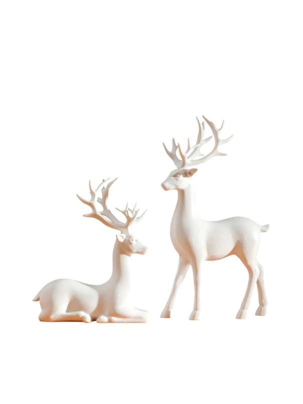 Matné dekoratívne sošky jeleňov 2 ks 9x11 cm a 9x16 cm z živice moderná dekorácia do interiéru na poličku a komodu biela