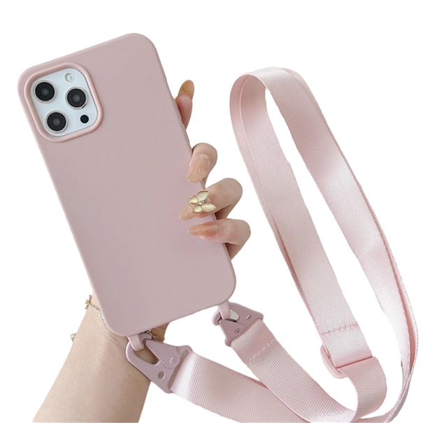 Matné silikonové pouzdro s popruhem pro iPhone 15 Plus světle růžová