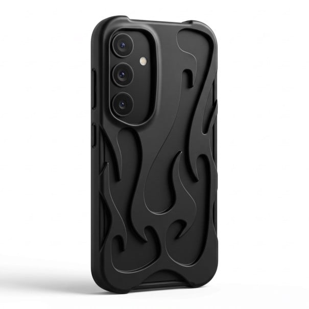 Matte cover til Samsung Galaxy A16 med udskåret flamme mønster Holdbar Hævede hjørner Ramme omkring kameraet Beskyttende cover til hverdag sort