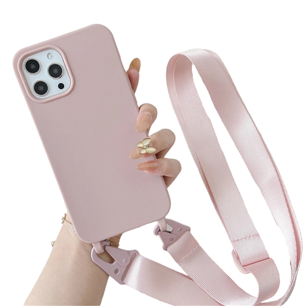 Matte siliconen hoes met band voor iPhone 15 Plus lichtroze