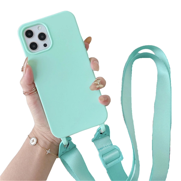 Matte siliconen hoes met band voor iPhone 15 turquoise