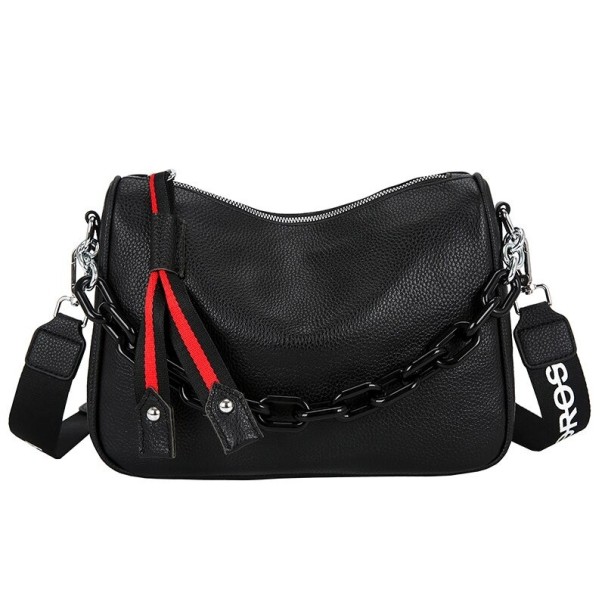 Μαύρη γυναικεία τσάντα crossbody με φερμουάρ και διακοσμητική αλυσίδα Φαρδύς υφασμάτινος ιμάντας με καραμπίνες Ριγέ κρεμαστές λεπτομέρειες Δέρμα 1
