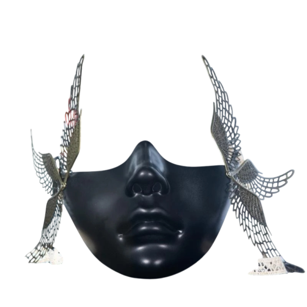Mechanická poloviční maska obličeje s železnými křídly u uší Maškarní cosplay maska na karneval Halloween Různé barvy Kostýmová rekvizita černá