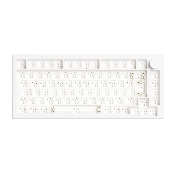 Mechanische ISO-Tastatur ohne Tasten mit RGB-Hintergrundbeleuchtung, 90 blaue Schalter, 8000 mAh Batterie, USB, 2,4GHz und USB-C Anschluss weiß