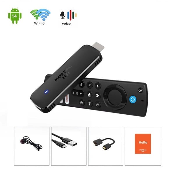 Mediális lejátszó Mortal Q8 Android 14 fekete TV stick WiFi 6 és hangvezérlés 2GB RAM és 16GB ROM HDMI filmek streameléséhez 1