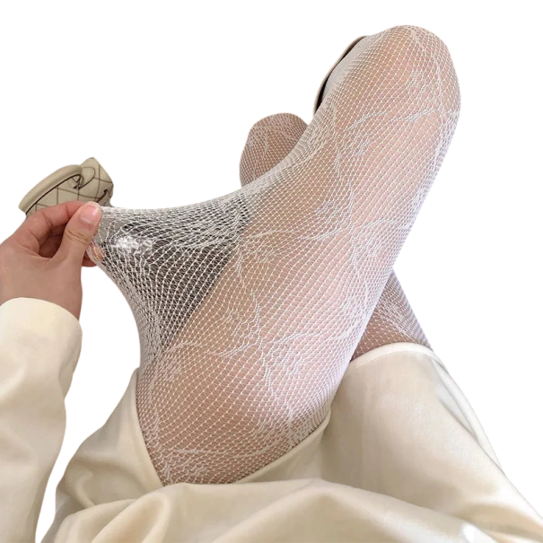 Medias de red de nailon transparentes para mujer con estampado de lazo negro, medias de nailon elásticas sexys con estampado para fiestas y estilo elegante. blanco