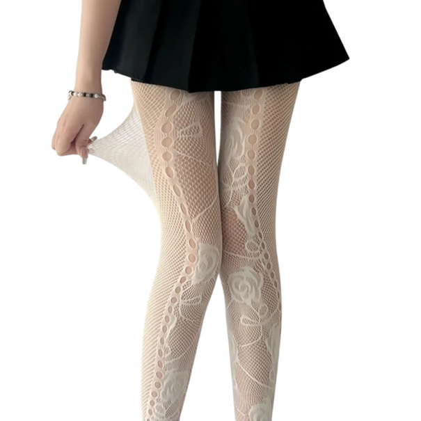 Medias de rejilla con flores, transparentes, con rosas, sexys, con agujeros, elegantes, estampadas, para vestidos, disfraces y moda. blanco