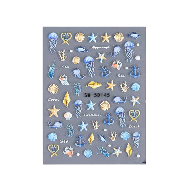 Medusen Sommer Strand Nagelaufkleber 5D Muscheln Seesterne Anker Meerjungfrau Nail Art Slider Reliefaufkleber Folien Dekoration Maniküre 1