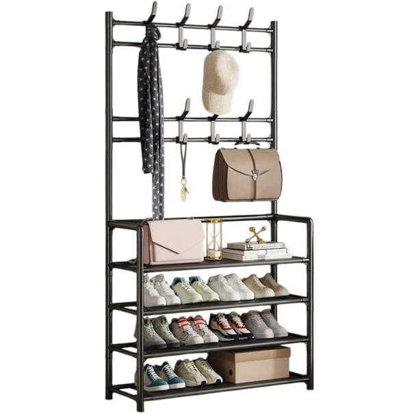 Meerlaags kleding- en schoenenrek 4 planken en 8 haken, staande kunststof vloerorganizer, afmetingen 152 x 60 x 25 cm zwart