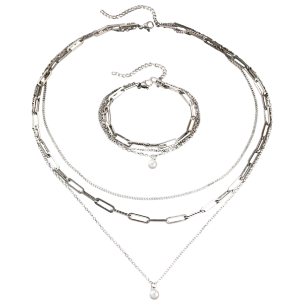 Meerlagige ketting set met een halsketting en armband van roestvrij staal met fijne parels Luxe dames sieraden elegante accessoire zilver