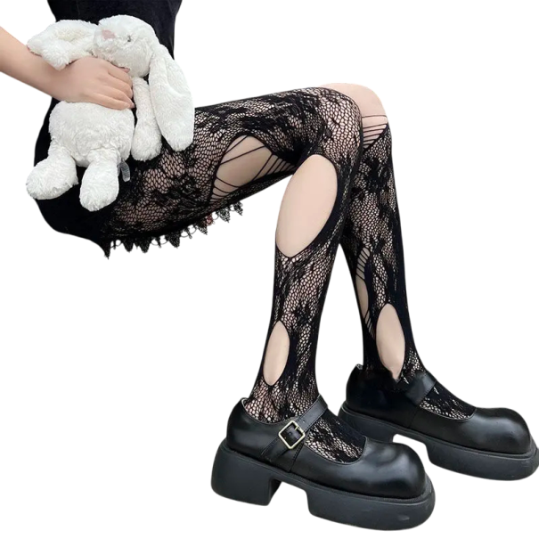 Meias-calças transparentes de renda para senhora com aberturas Meias de rede sexy com renda Calças de meias eróticas Meias elegantes preto