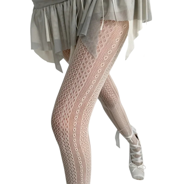 Meias-calças transparentes femininas com padrão tricotado branco