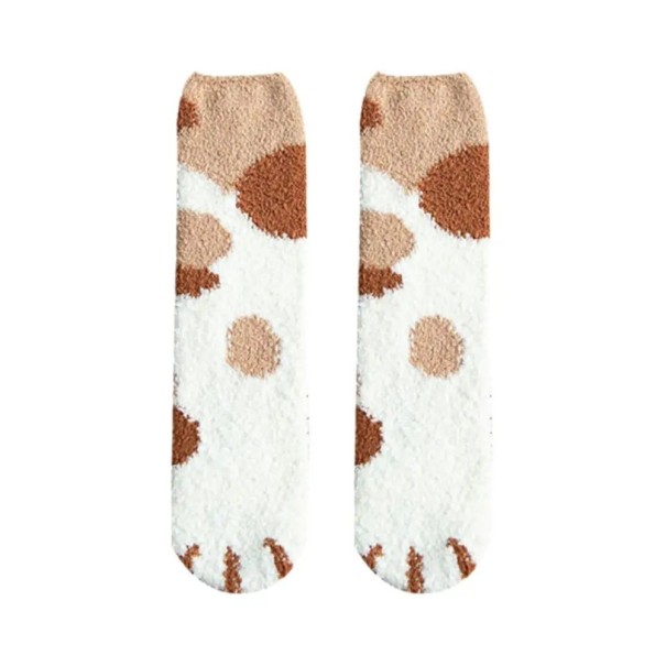 Meias de Inverno Femininas Quentes e Macias com Padrão de Bolinhas EU 36-42 em Algodão e Poliéster com Motivo de Patas de Gato, Confortáveis para Uso Doméstico, Um Par castanho