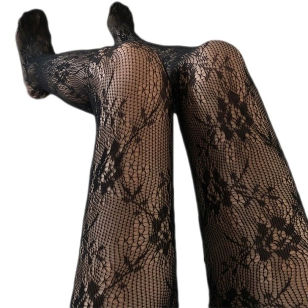 Meias de rede transparentes femininas com padrão floral Calças de meia elegantes Meias sexy elásticas com delicada rede floral preto
