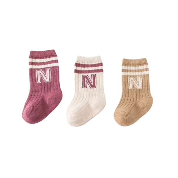 Meias infantis unisex 3 pares Meias de algodão lisas com letra N Meias suaves e respiráveis para crianças Com punho elástico Confortáveis para uso diário rosa 3-5 anos