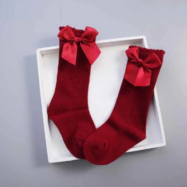 Meias longas para meninas com laço vermelho 0-2 anos
