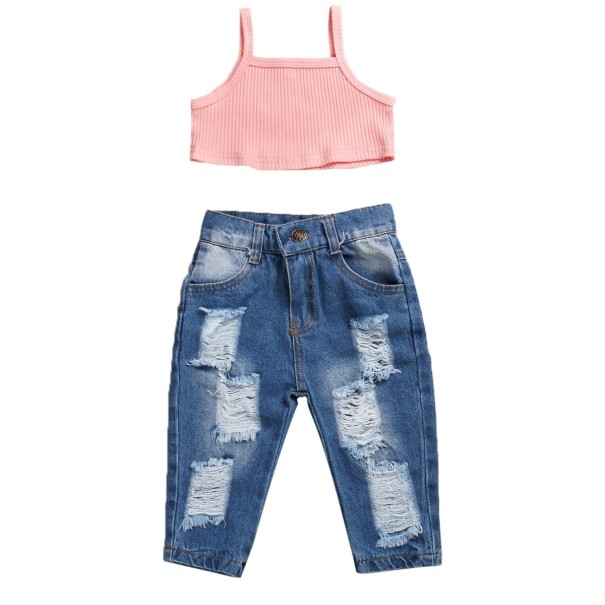 Meisjes crop top en jeans L1390 roze 12-24 maanden