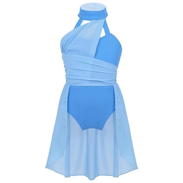 Meisjes dansjurk met halternek, chiffon rok over het lijfje, polyester kostuum voor lyrische dans, ballet en wedstrijdoptredens blauw 6