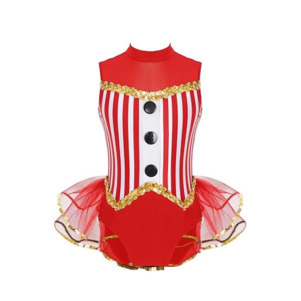 Meisjes dansoutfit zonder mouwen met gestreepte top, tule ruffles en hoge kraag, polyester materiaal, voor podiumoptredens rood 10
