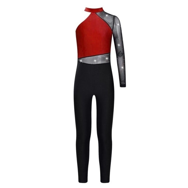 Meisjes dansoverall met lange mouwen en netstof met steentjes, asymmetrische kraag, polyester materiaal, voor gymnastiek en dans wijnrood 8