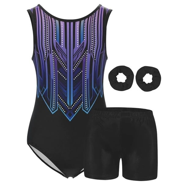 Meisjes gymnastiekset zwart body met paars-blauwe etnische print, glanzende shorts en 2 haarbandjes, polyester en elastaan 6