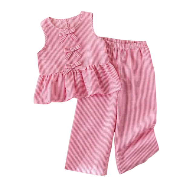 Meisjes roze gestreepte set topje met brede schouderbanden en strikjes broek met elastische taille O-hals Stijlvolle set 4