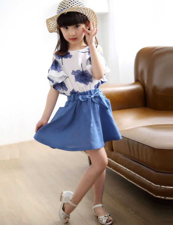 Meisjes T-shirt en rok L1386 blauw 6
