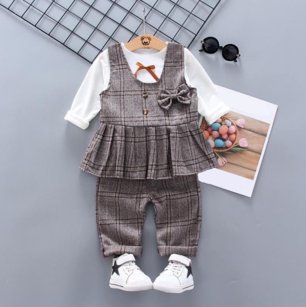 Meisjes T-shirt met strik en broek L1161 lichtbruin 12-24 maanden