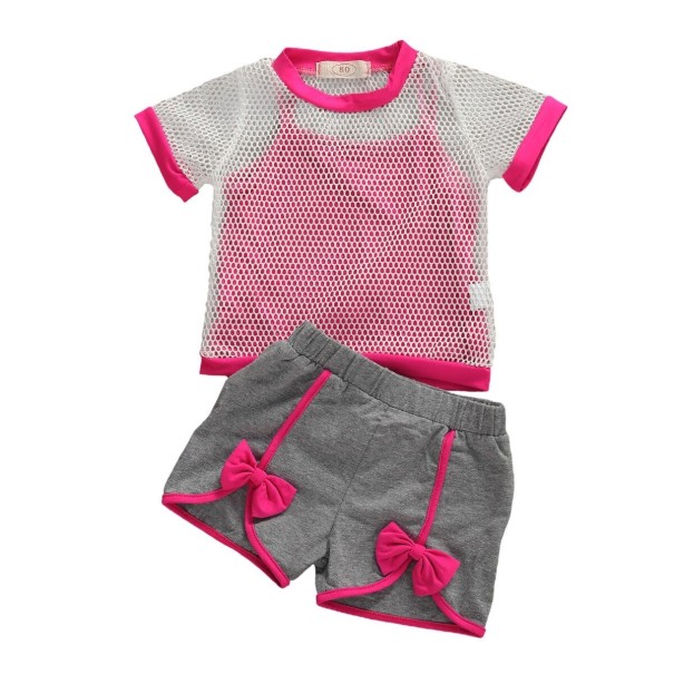 Meisjes T-shirt, tanktop en short L1193 donkerroze 2