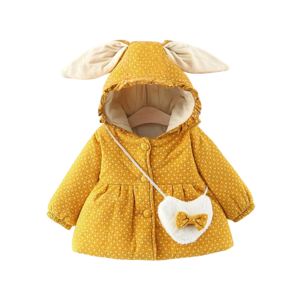 Meisjes winterjas met drukknopen en capuchon met konijnenoren en ruches Pluche tas als cadeau Warme polyester jas voor kleine meisjes geel 3