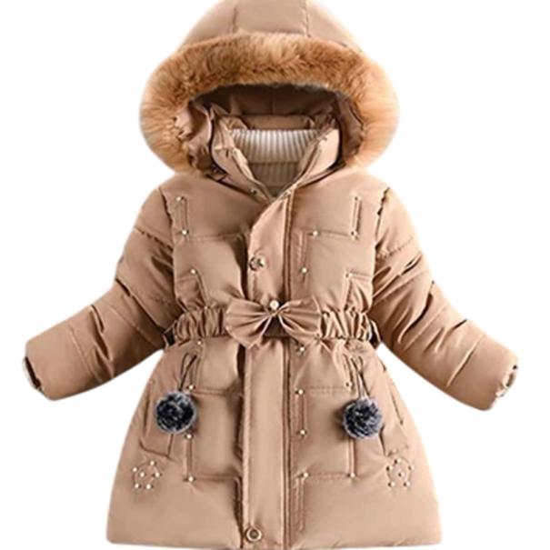 Meisjes winterjas Met rits en knopen Zakjes met pompons Capuchon met bont Effen winter verwarmende jas Katoen Polyester Decoratieve details bruin 4
