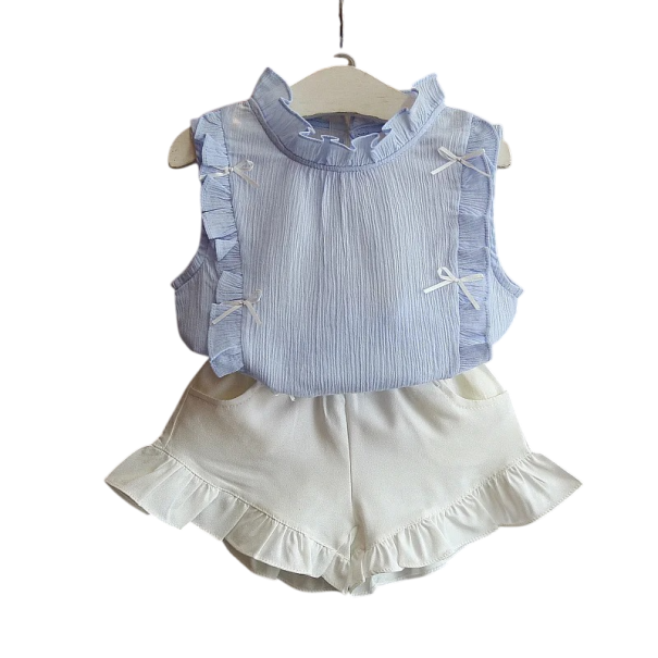 Meisjes zomer set Effen tanktop met brede schouderbanden en witte shorts Rimpeling Strikjes O-hals blauw 9-12 maanden