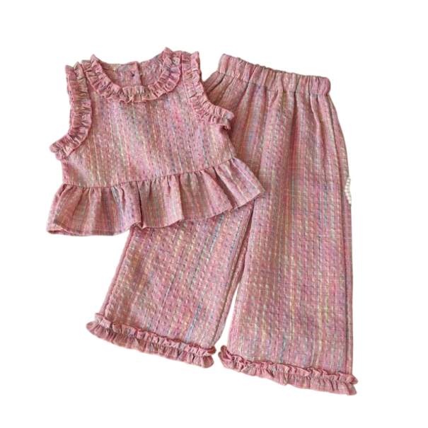 Meisjes zomer set met top met brede schouderbanden en knoopsluiting met ruches en elastische broek 12-18 maanden